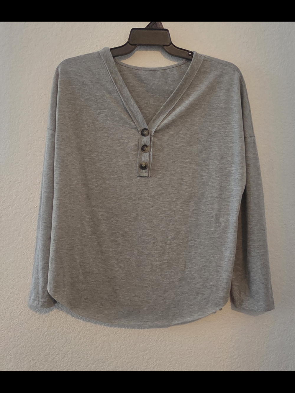 SHEIN Gray Long Sleeve Henley Top with Button Placket